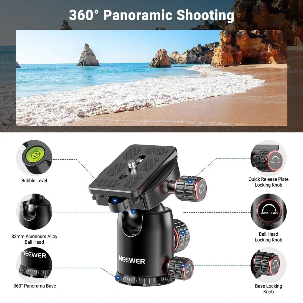Neewer TP63 90 Inch Camera Tripod Monopod Aluminum Ball Head DSLR Video Stand